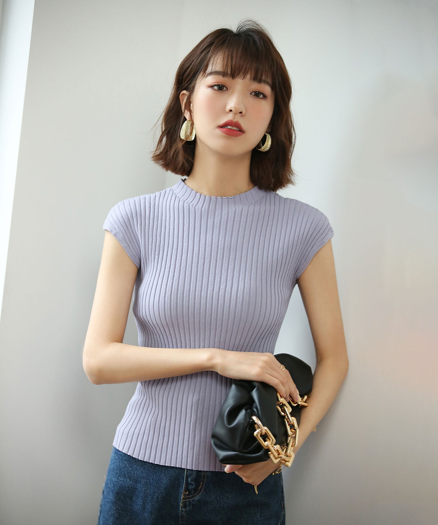 フレンチスリーブリブ切替サマーニットトップスxyf9299 パープル