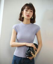 フレンチスリーブリブ切替サマーニットトップスxyf9299 パープル