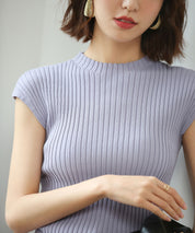 フレンチスリーブリブ切替サマーニットトップスxyf9299 パープル