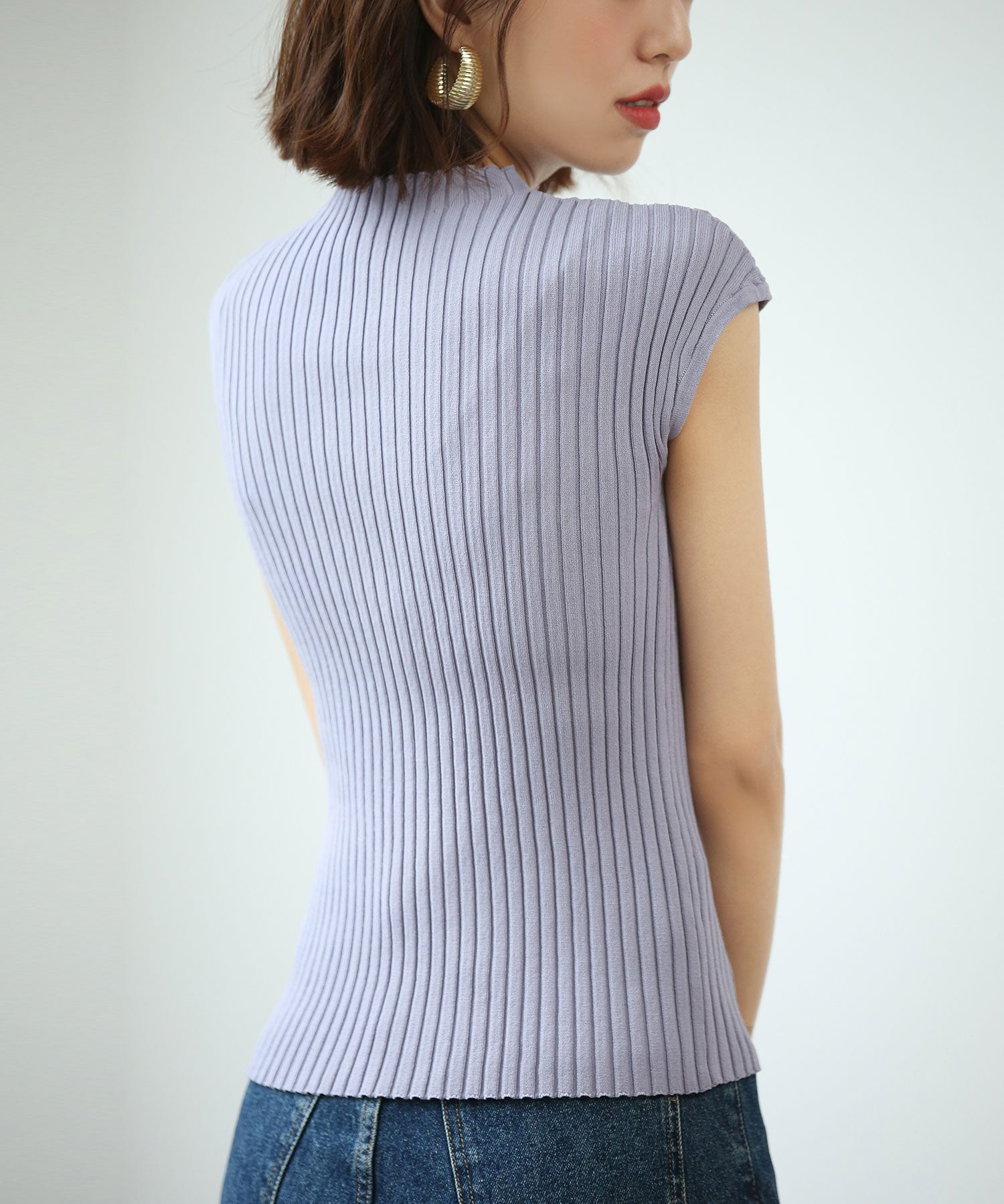 フレンチスリーブリブ切替サマーニットトップスxyf9299 パープル