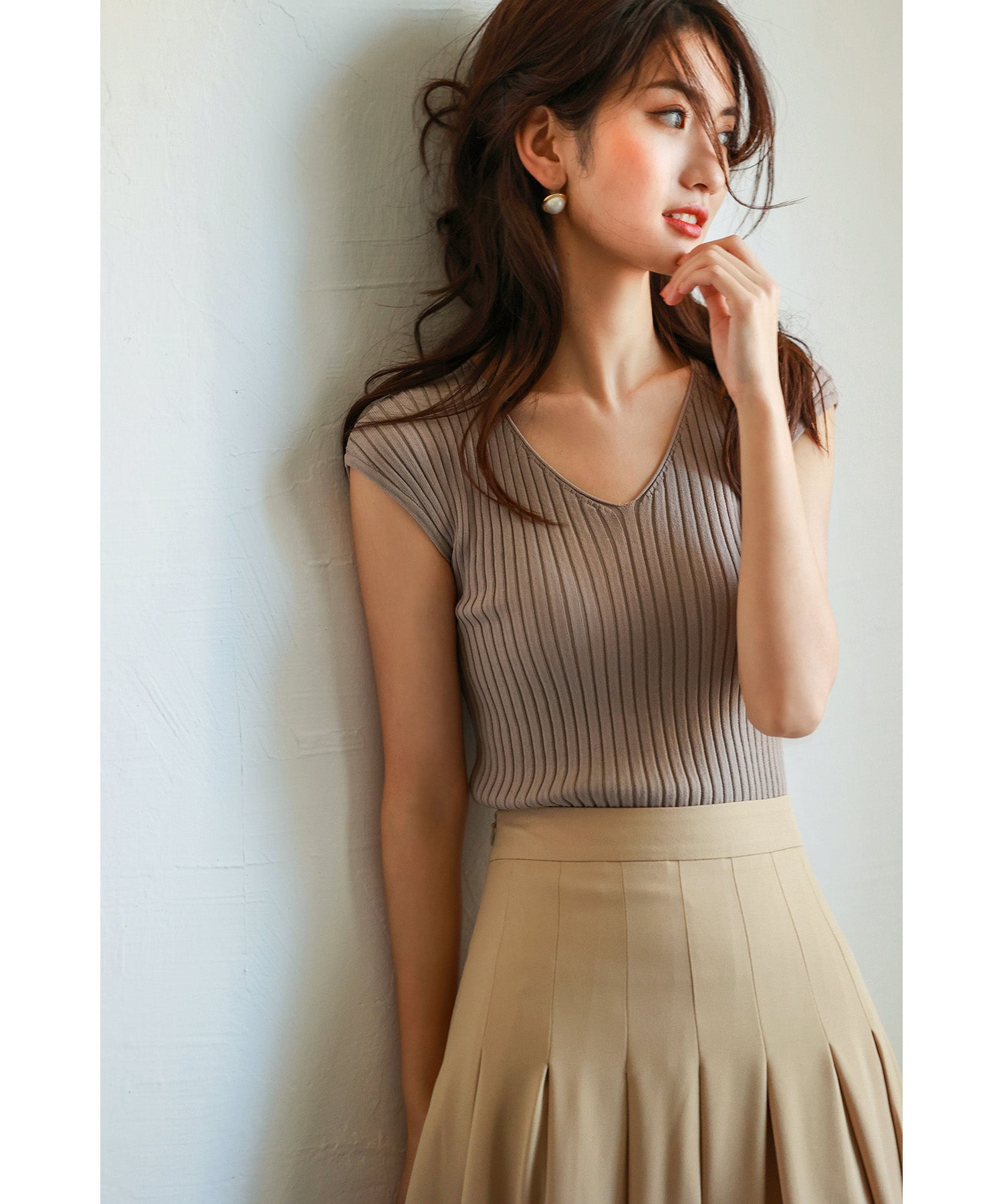 フレンチスリーブリブ切替サマーニットトップスxyf9299-103-160