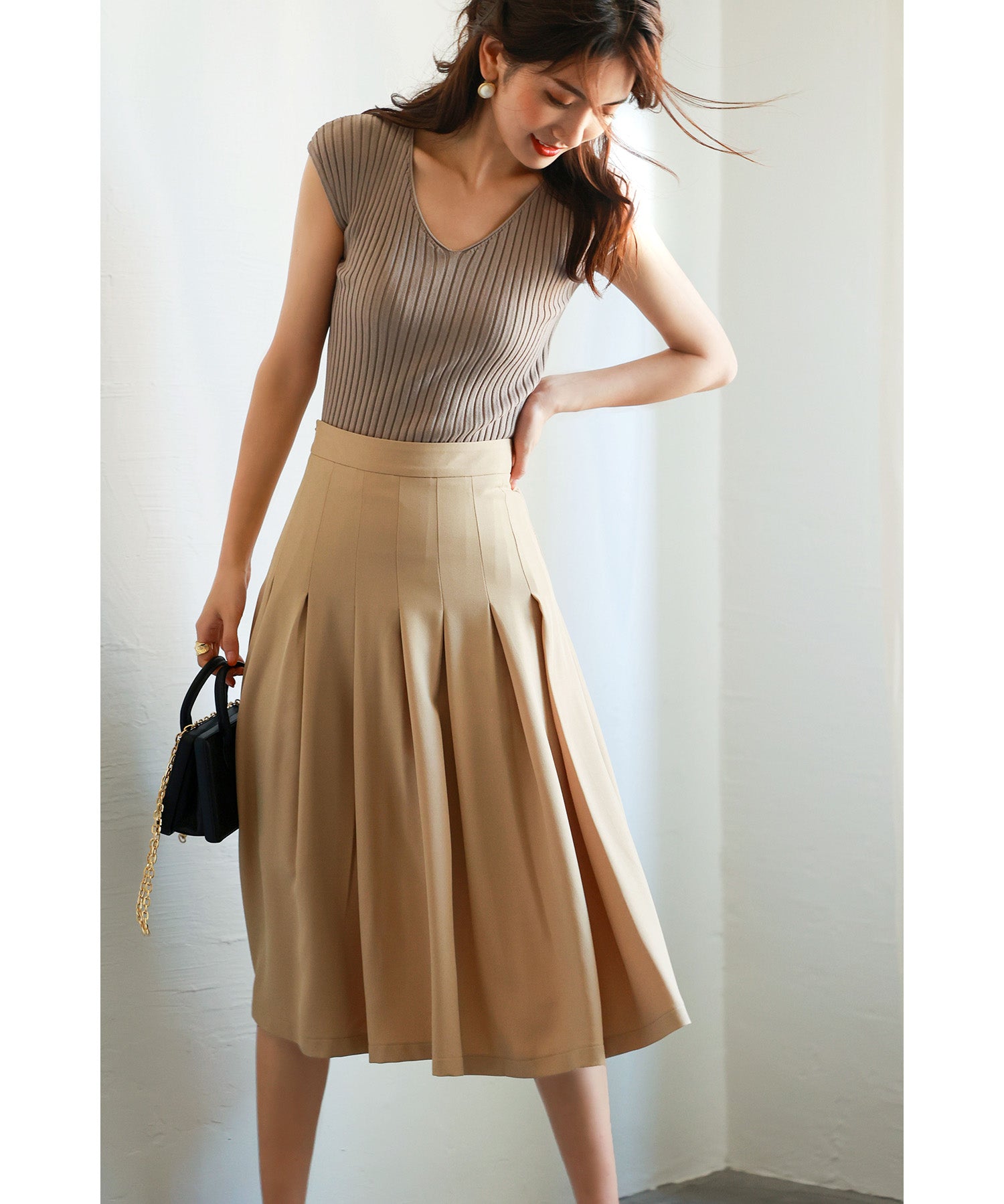 フレンチスリーブリブ切替サマーニットトップスxyf9299 ベージュ系その他