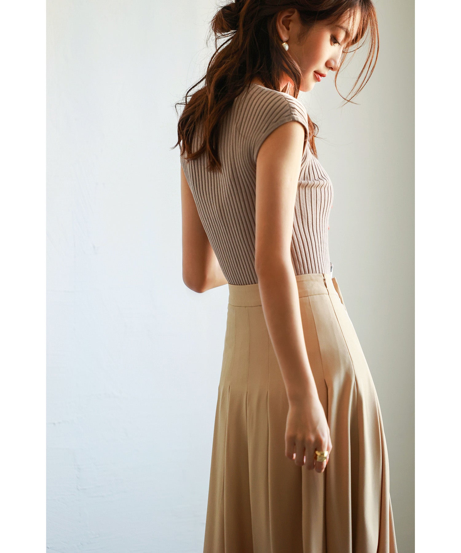 フレンチスリーブリブ切替サマーニットトップスxyf9299 ベージュ系その他