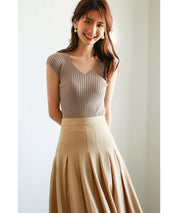 フレンチスリーブリブ切替サマーニットトップスxyf9299 ベージュ系その他