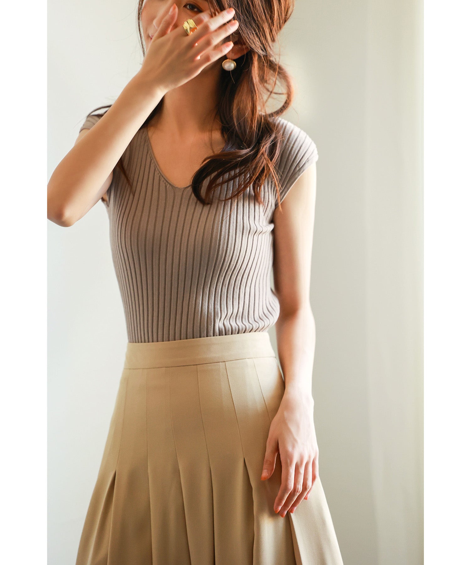 フレンチスリーブリブ切替サマーニットトップスxyf9299 ベージュ系その他