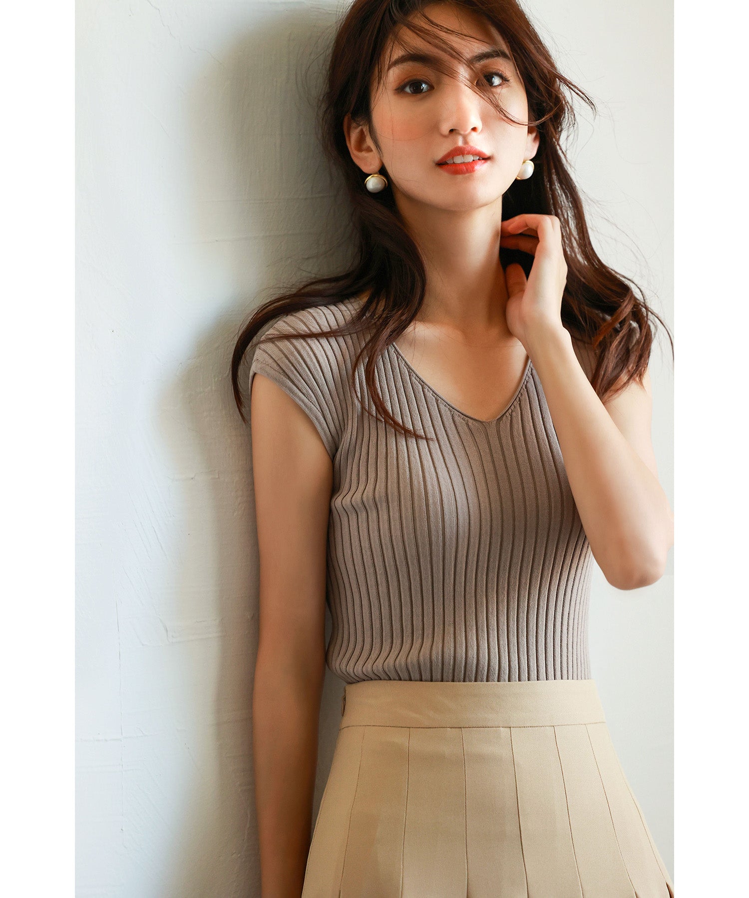 フレンチスリーブリブ切替サマーニットトップスxyf9299 ベージュ系その他