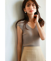 フレンチスリーブリブ切替サマーニットトップスxyf9299 ベージュ系その他