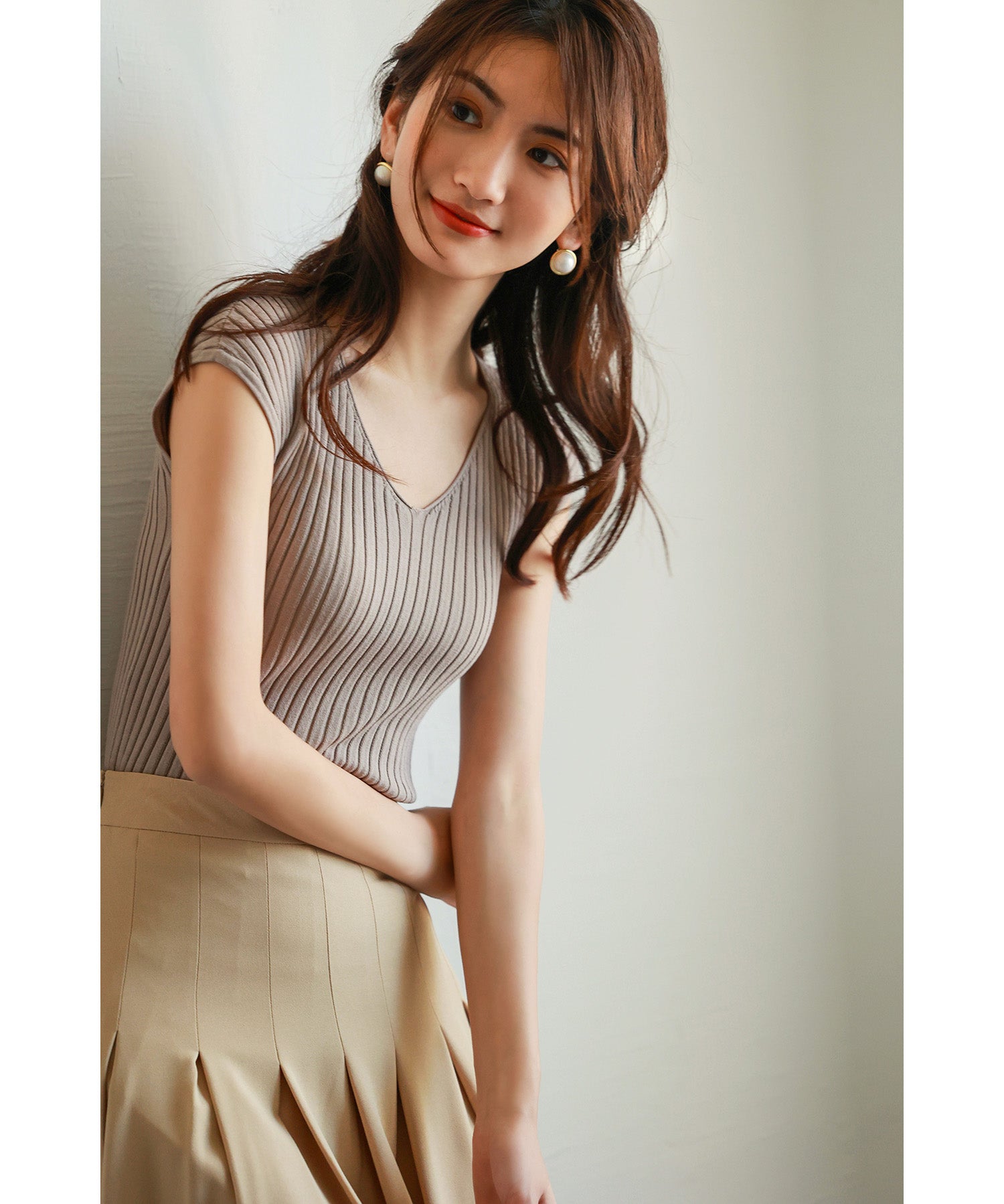 フレンチスリーブリブ切替サマーニットトップスxyf9299 ベージュ系その他