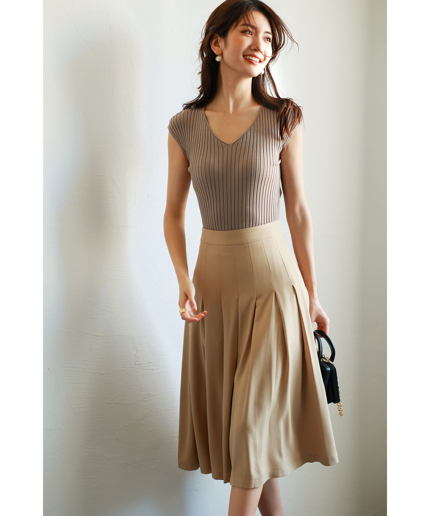 フレンチスリーブリブ切替サマーニットトップスxyf9299 ベージュ系その他