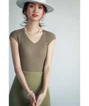 フレンチスリーブリブ切替サマーニットトップスxyf9299-103-163