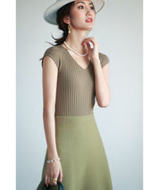 フレンチスリーブリブ切替サマーニットトップスxyf9299 グリーン系その他