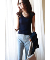 フレンチスリーブリブ切替サマーニットトップスxyf9299-103-166