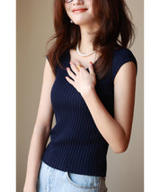 フレンチスリーブリブ切替サマーニットトップスxyf9299 ブルー系その他