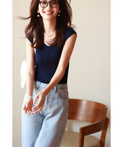 フレンチスリーブリブ切替サマーニットトップスxyf9299 ブルー系その他