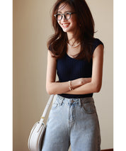 フレンチスリーブリブ切替サマーニットトップスxyf9299 ブルー系その他