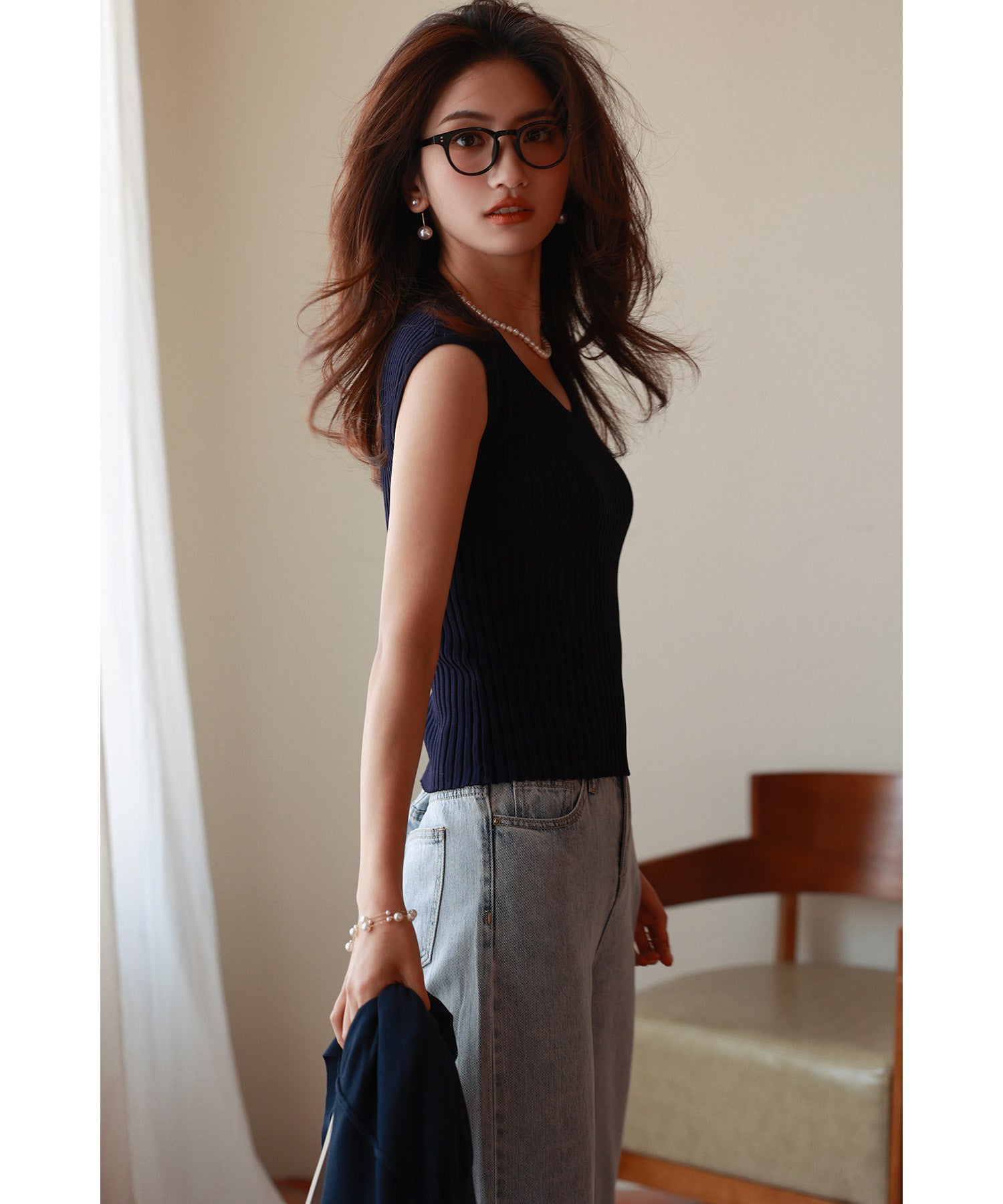 フレンチスリーブリブ切替サマーニットトップスxyf9299 ブルー系その他