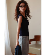 フレンチスリーブリブ切替サマーニットトップスxyf9299 ブルー系その他