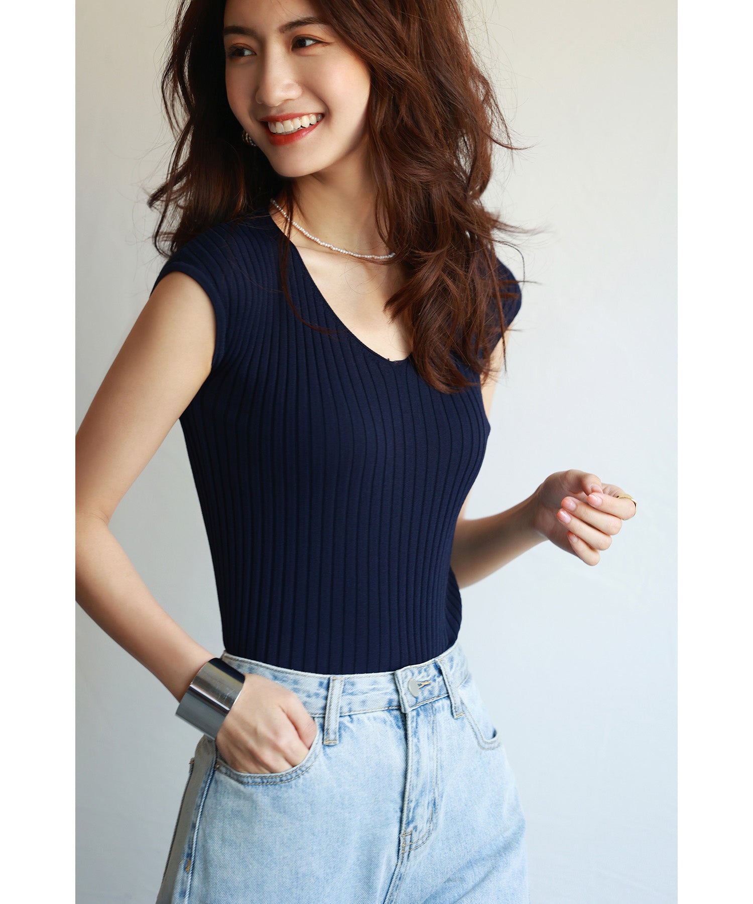 フレンチスリーブリブ切替サマーニットトップスxyf9299 ブルー系その他