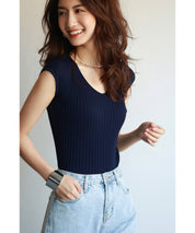 フレンチスリーブリブ切替サマーニットトップスxyf9299 ブルー系その他