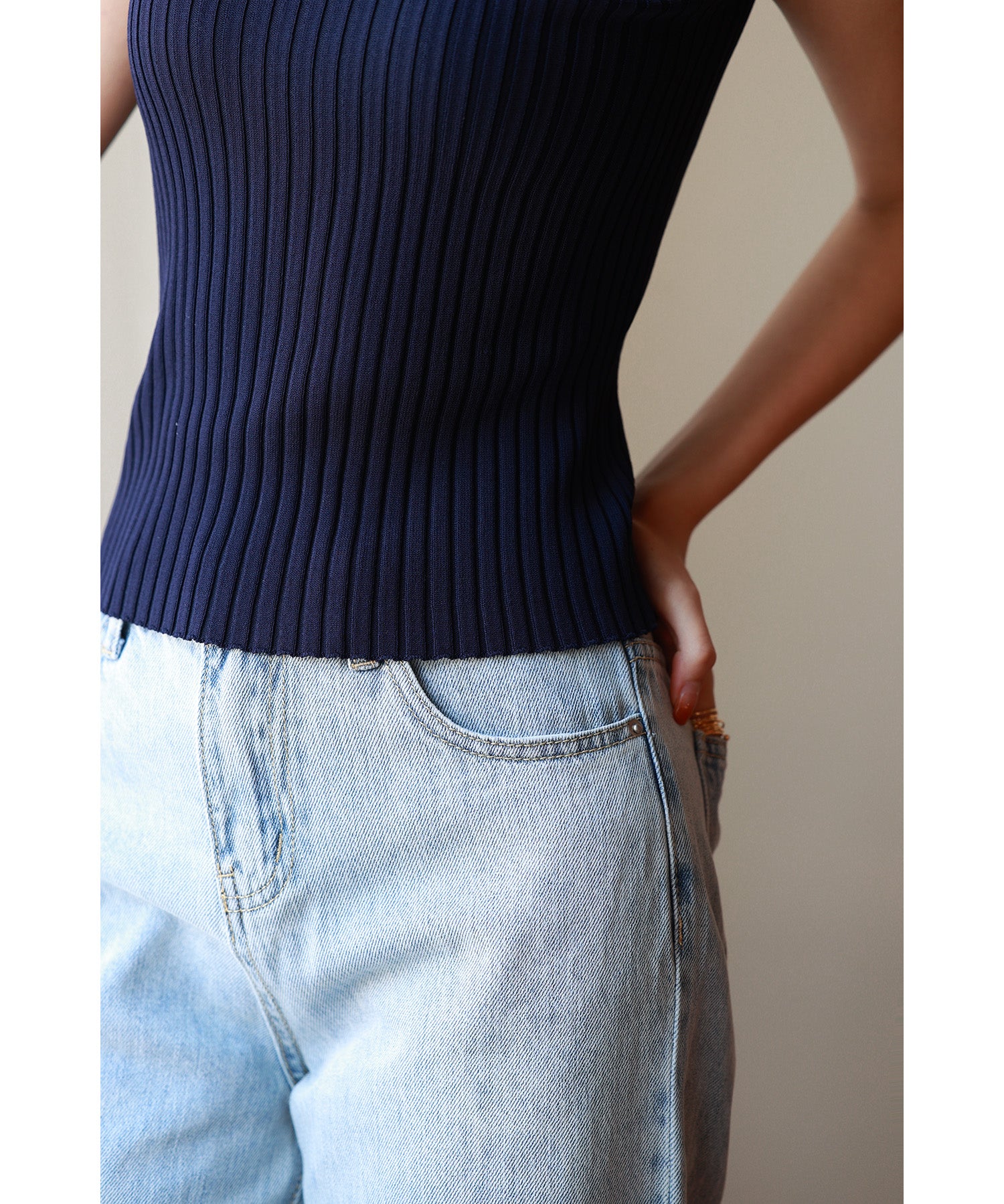 フレンチスリーブリブ切替サマーニットトップスxyf9299 ブルー系その他