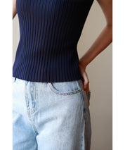 フレンチスリーブリブ切替サマーニットトップスxyf9299 ブルー系その他