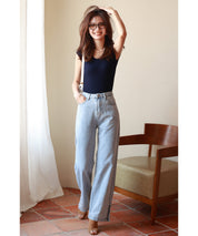 フレンチスリーブリブ切替サマーニットトップスxyf9299 ブルー系その他