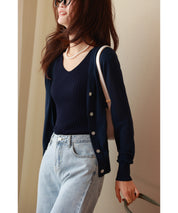 フレンチスリーブリブ切替サマーニットトップスxyf9299 ブルー系その他