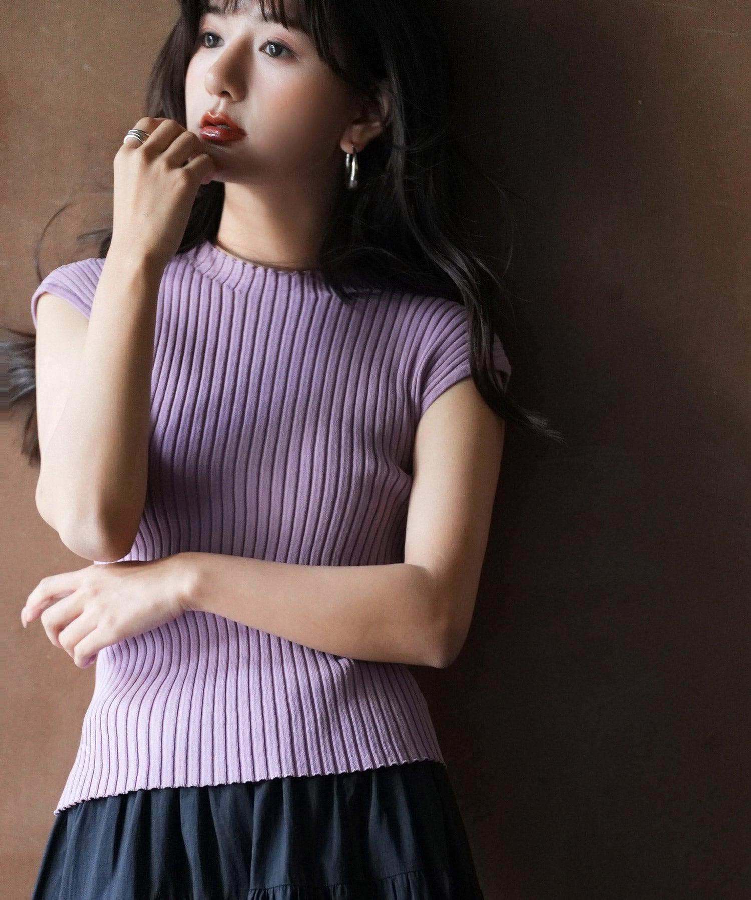 フレンチスリーブリブ切替サマーニットトップスxyf9299-103-168