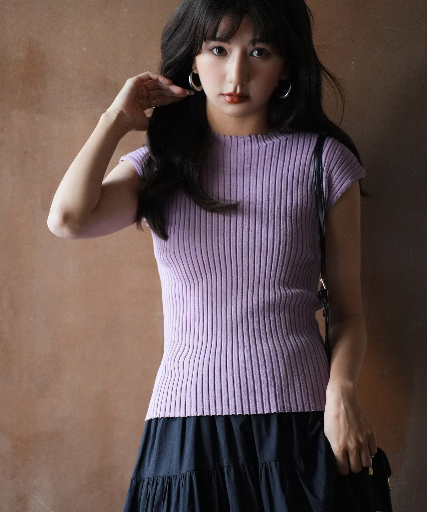 フレンチスリーブリブ切替サマーニットトップスxyf9299 バイオレット