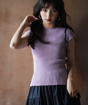 フレンチスリーブリブ切替サマーニットトップスxyf9299 バイオレット