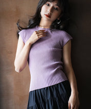 フレンチスリーブリブ切替サマーニットトップスxyf9299 バイオレット