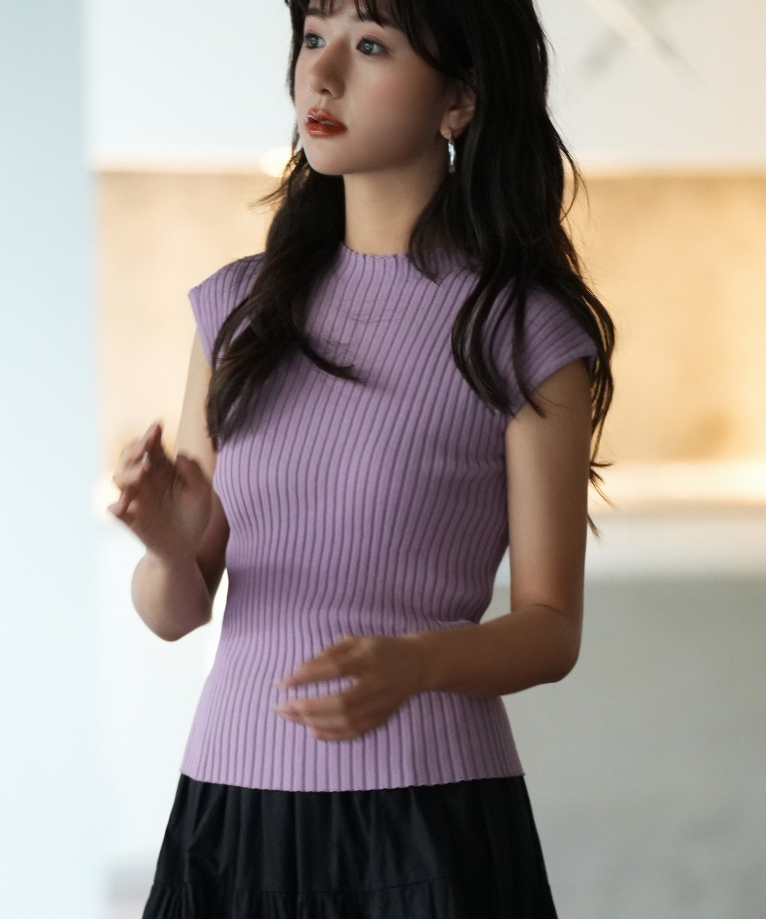 フレンチスリーブリブ切替サマーニットトップスxyf9299 バイオレット