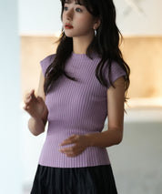 フレンチスリーブリブ切替サマーニットトップスxyf9299 バイオレット