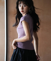 フレンチスリーブリブ切替サマーニットトップスxyf9299 バイオレット