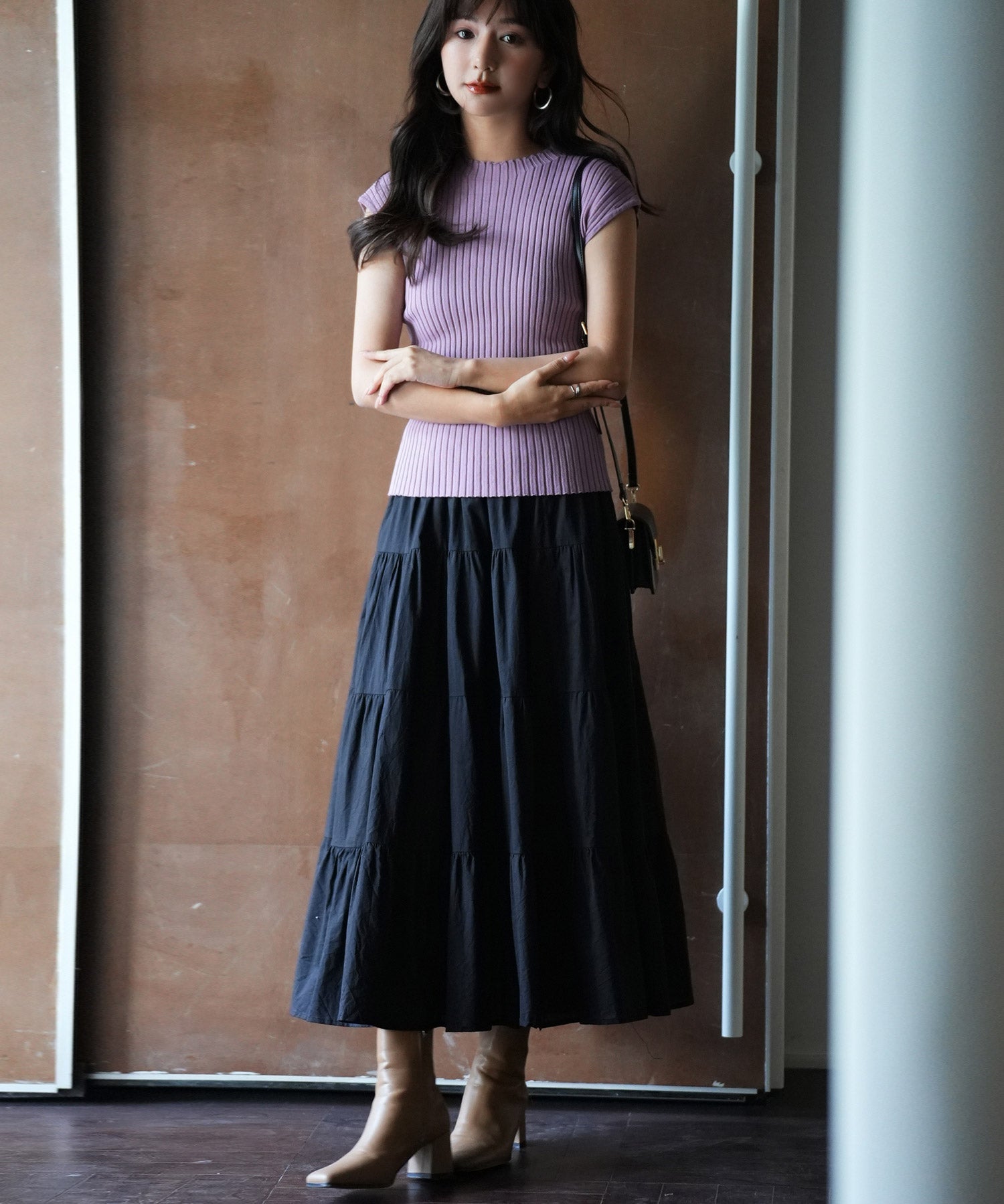 フレンチスリーブリブ切替サマーニットトップスxyf9299 バイオレット