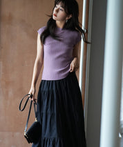 フレンチスリーブリブ切替サマーニットトップスxyf9299 バイオレット