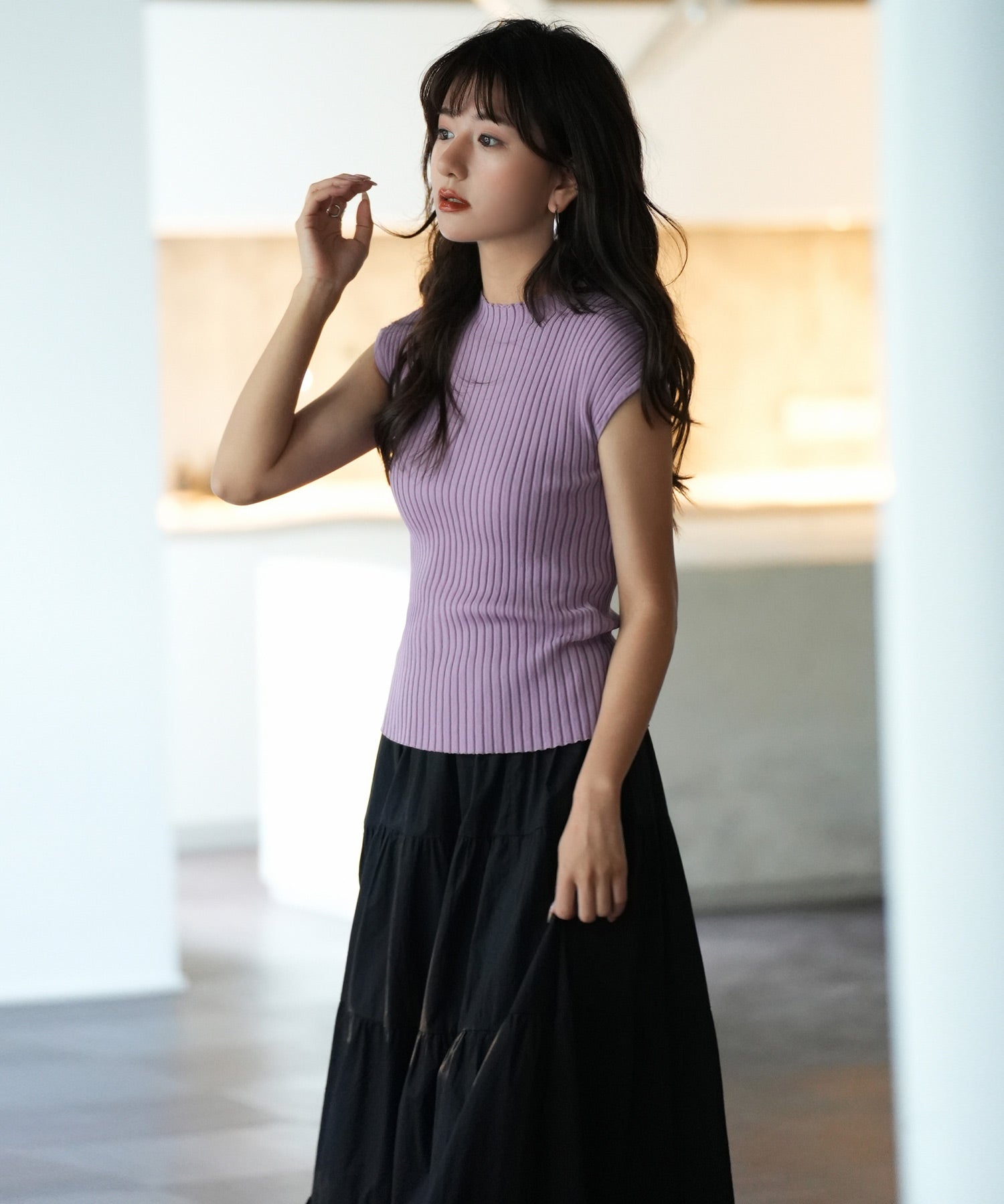 フレンチスリーブリブ切替サマーニットトップスxyf9299 バイオレット