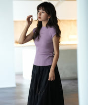 フレンチスリーブリブ切替サマーニットトップスxyf9299 バイオレット