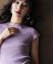 フレンチスリーブリブ切替サマーニットトップスxyf9299 バイオレット