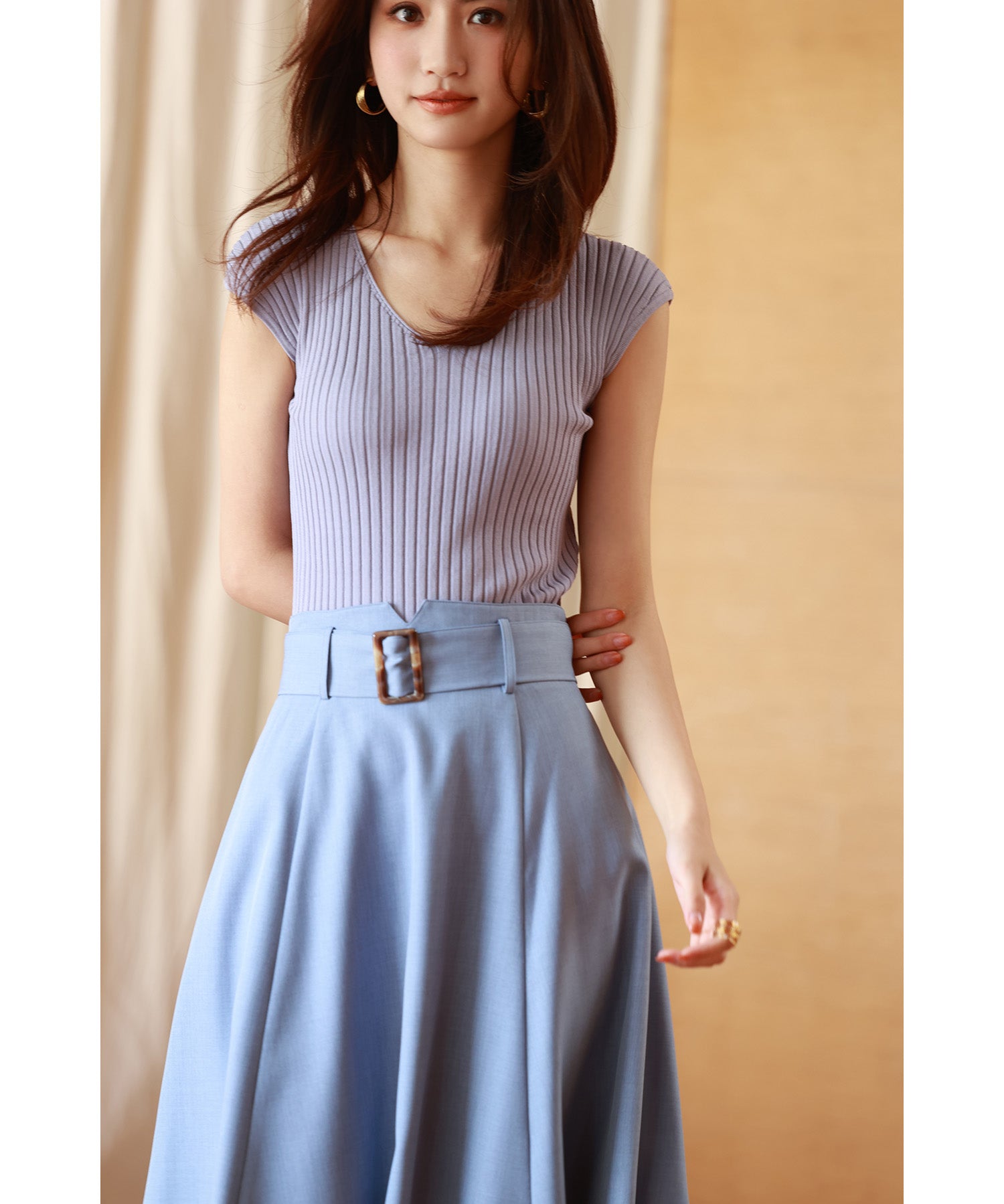 フレンチスリーブリブ切替サマーニットトップスxyf9299 パープル系その他