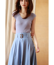 フレンチスリーブリブ切替サマーニットトップスxyf9299 パープル系その他