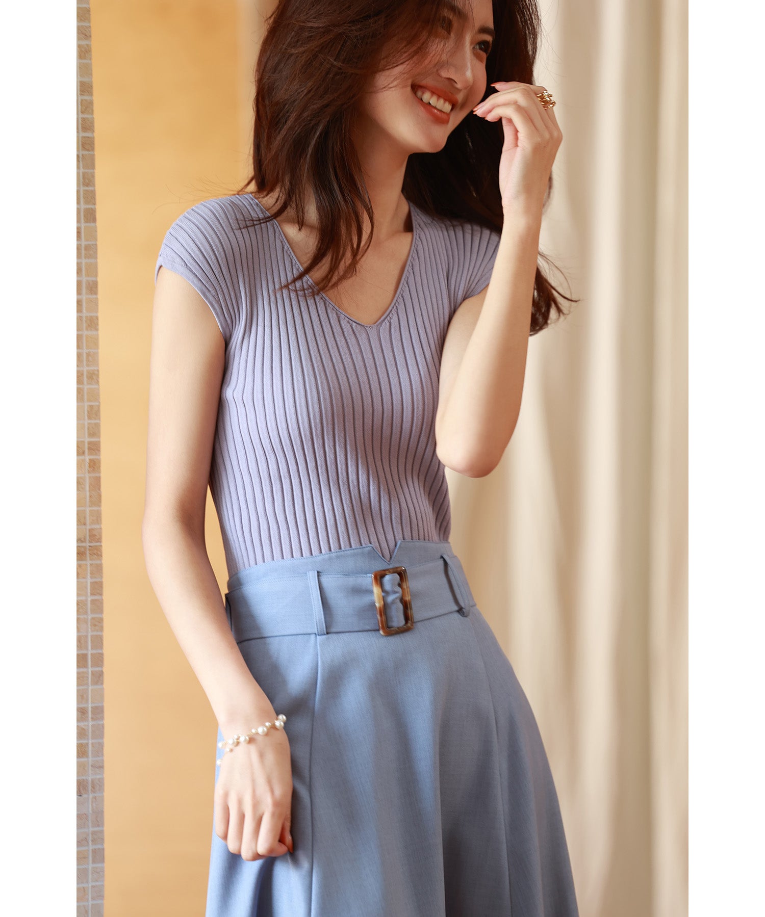 フレンチスリーブリブ切替サマーニットトップスxyf9299 パープル系その他