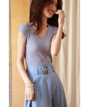 フレンチスリーブリブ切替サマーニットトップスxyf9299 パープル系その他