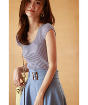 フレンチスリーブリブ切替サマーニットトップスxyf9299 パープル系その他