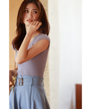 フレンチスリーブリブ切替サマーニットトップスxyf9299 パープル系その他