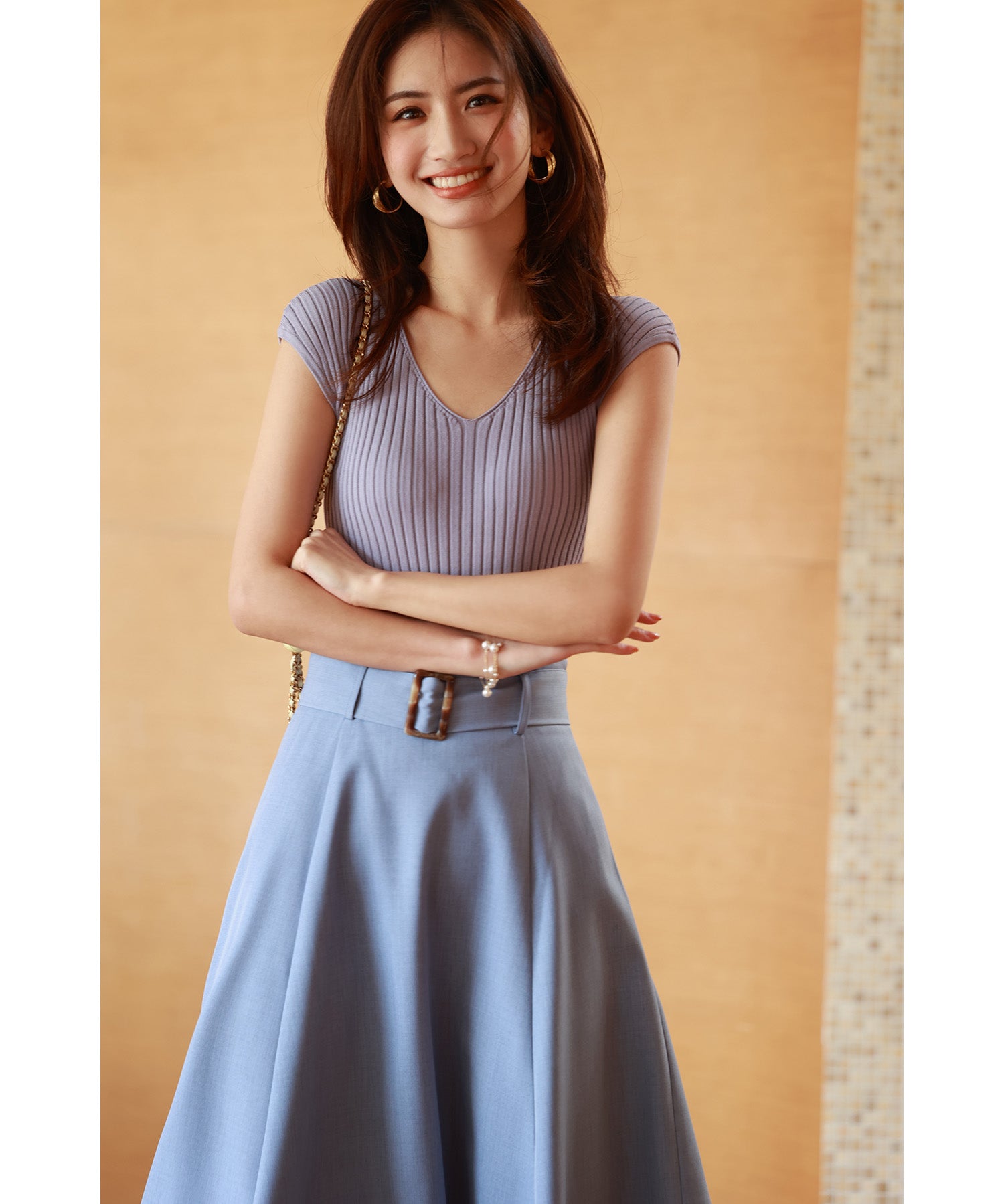 フレンチスリーブリブ切替サマーニットトップスxyf9299 パープル系その他