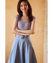 フレンチスリーブリブ切替サマーニットトップスxyf9299 パープル系その他