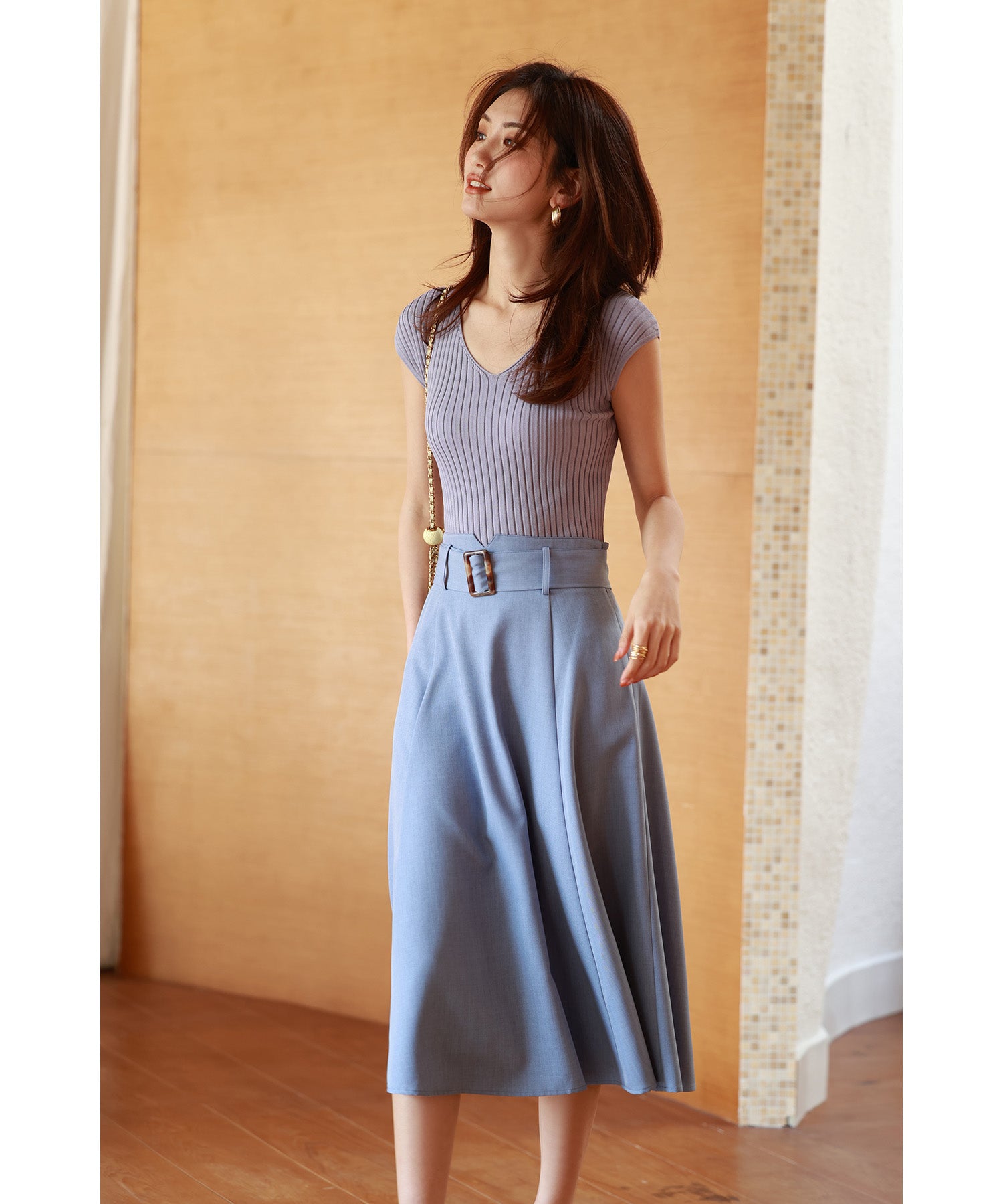 フレンチスリーブリブ切替サマーニットトップスxyf9299 パープル系その他