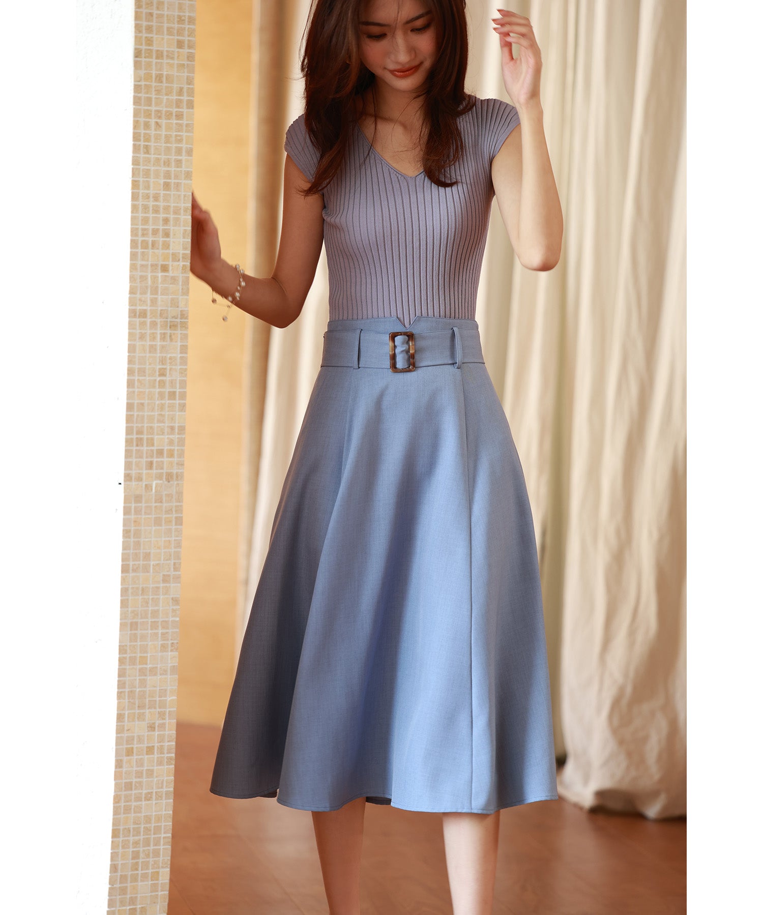 フレンチスリーブリブ切替サマーニットトップスxyf9299 パープル系その他