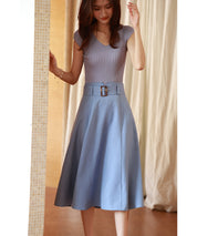 フレンチスリーブリブ切替サマーニットトップスxyf9299 パープル系その他